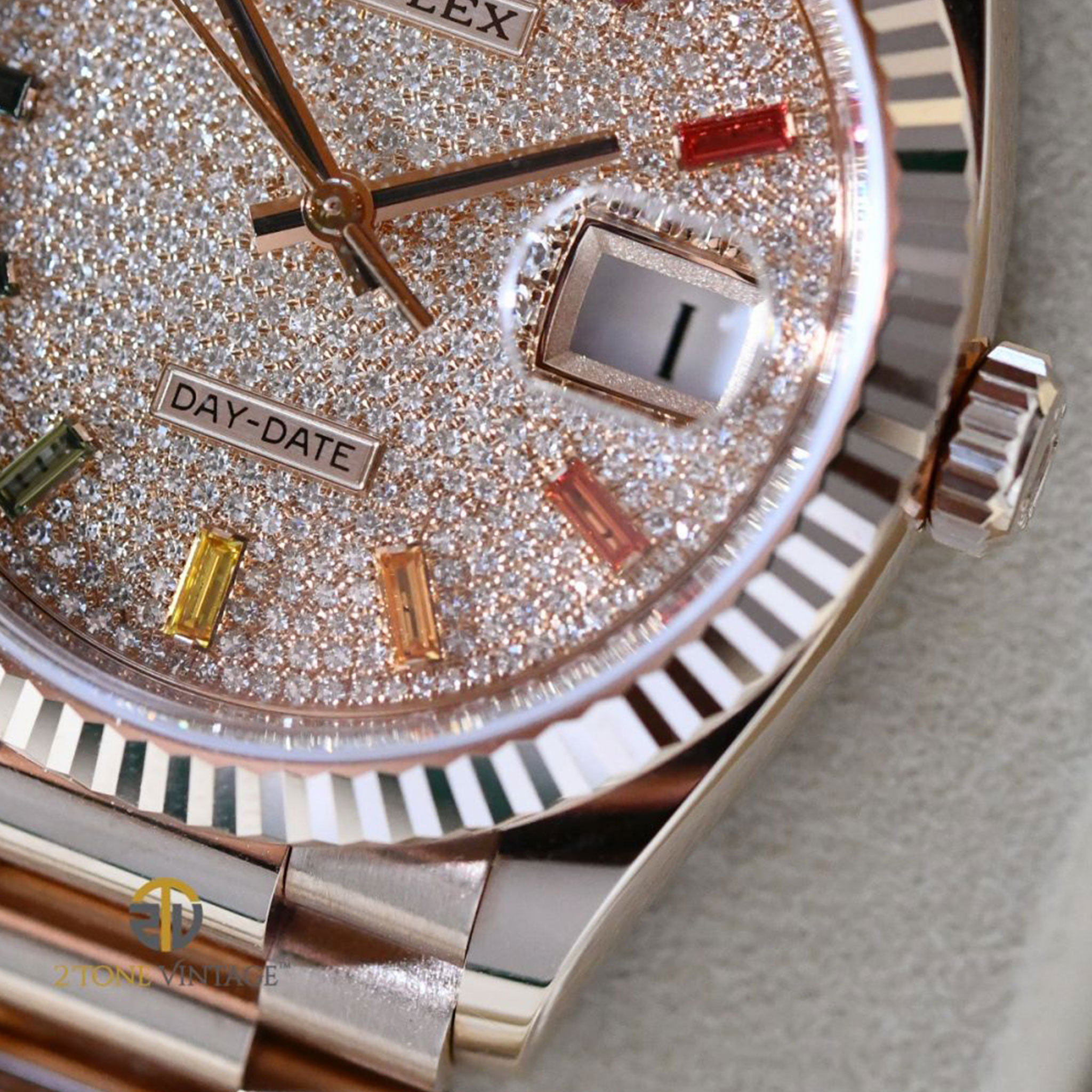 rolex day-date, rose gold diamond-paved dial, rainbow sapphire markers-2ToneVintage Watches Singapore - 4