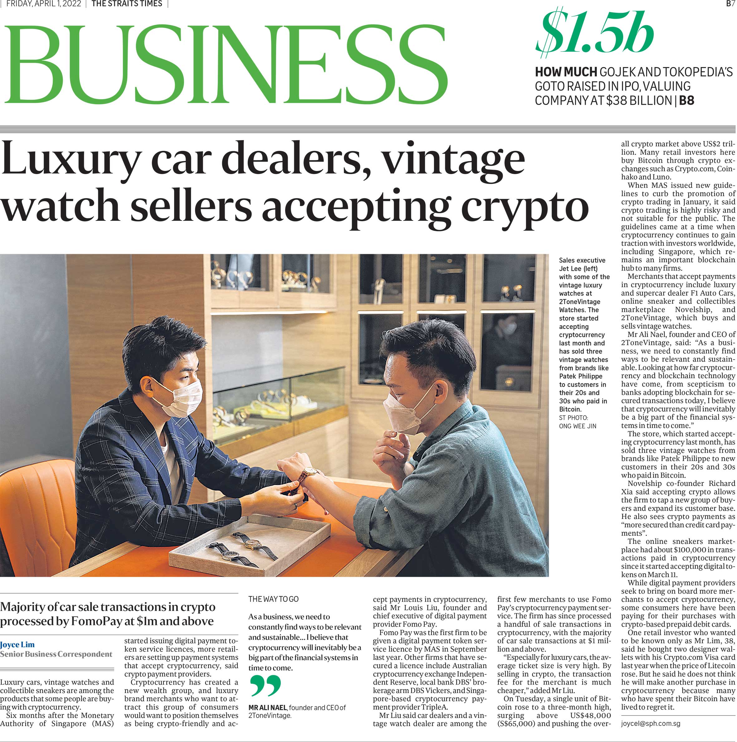  2ToneVintage Watches in the Newspaper dated 1 April 2022, for accepting Crypto-currencies.
